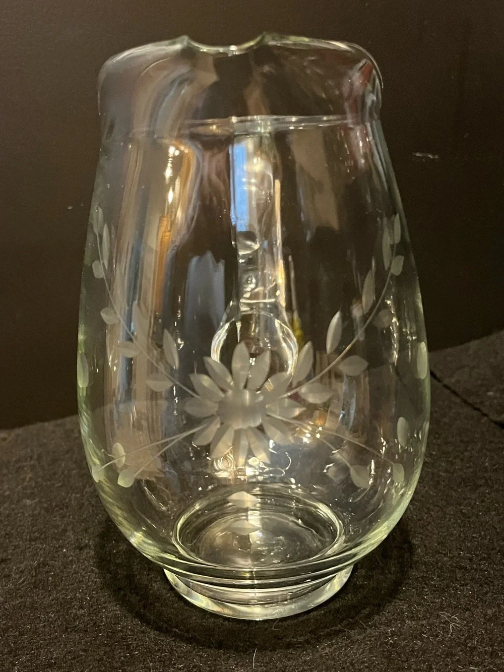 Vintage Clear Glass Pitcher with Delicate Etched Floral and Leaf Motif 4.5 Cup